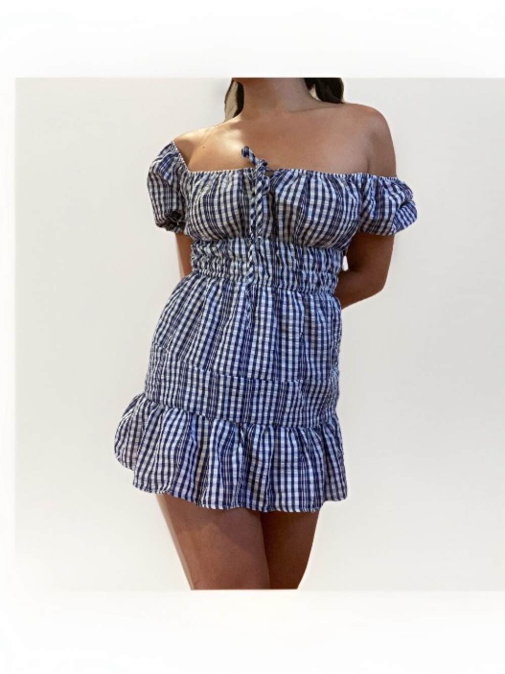 Blue Gingham Off-Shoulder Ruffle Mini Dress